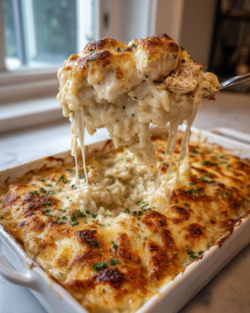 A spoonful of creamy chicken and rice casserole is lifted, showing long cheese pulls over the bubbly, baked dish.