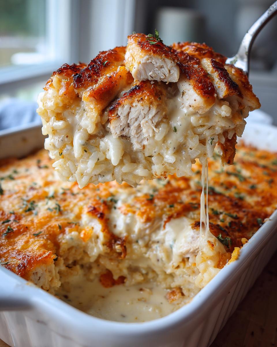 A spoonful of creamy chicken and rice casserole with browned chicken pieces on top, showing a cheese pull.