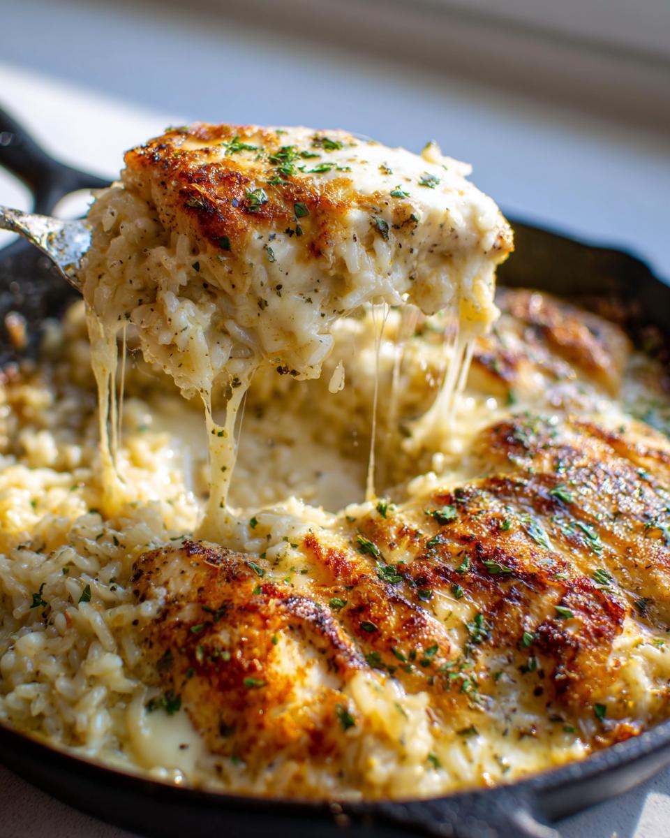 A spoonful of creamy chicken and rice is lifted from a skillet, showing extreme cheese pull in this delicious chicken and rice dish.
