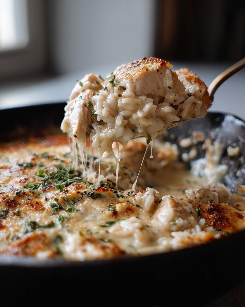 A spoonful of creamy chicken and rice being lifted from a skillet, showing melted cheese strings.