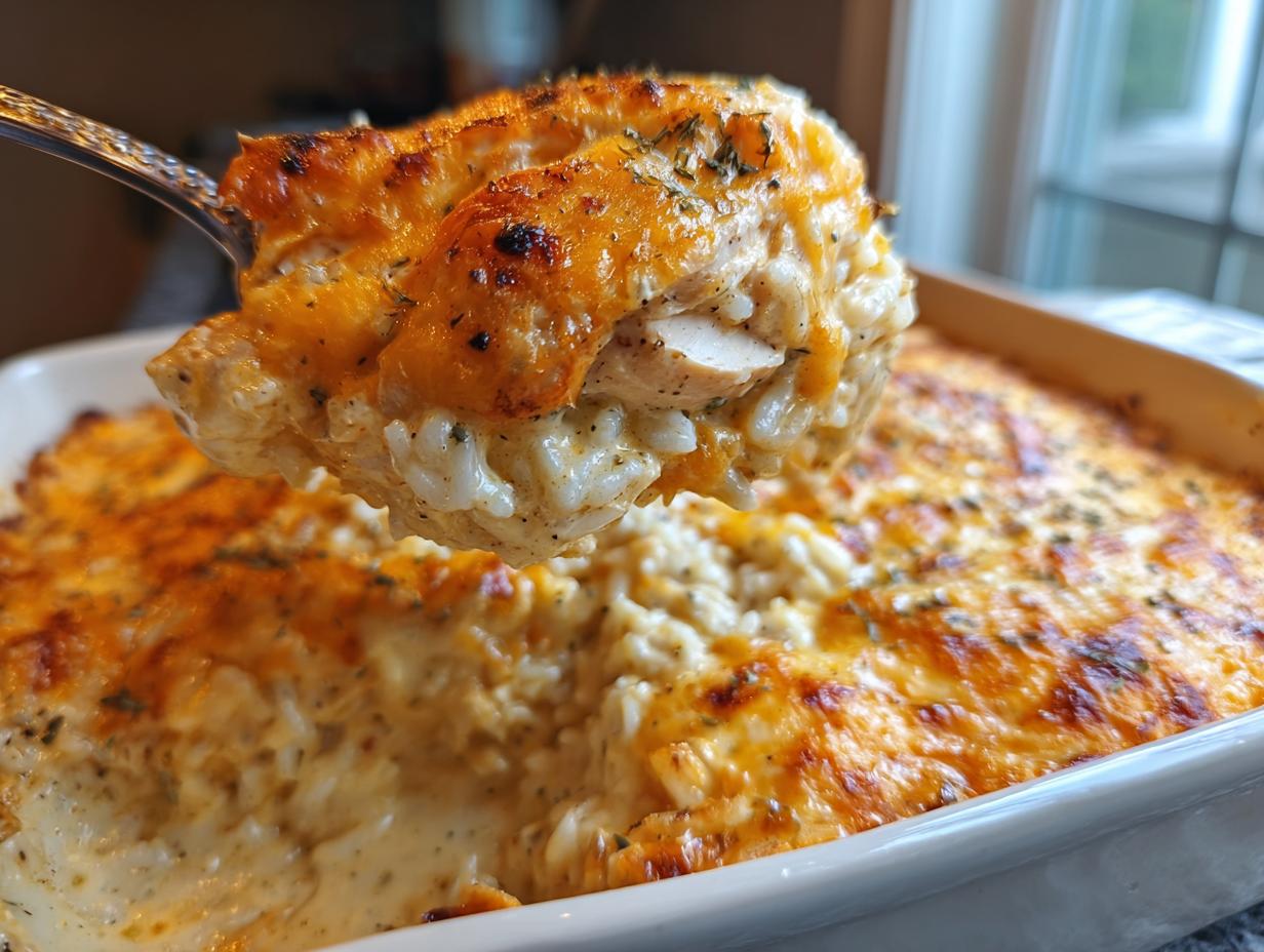 A spoonful of creamy chicken and rice casserole topped with melted, browned cheese is lifted from the baking dish.