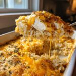 A spoonful of creamy chicken and rice casserole lifted from the dish, showing melted cheese strings.