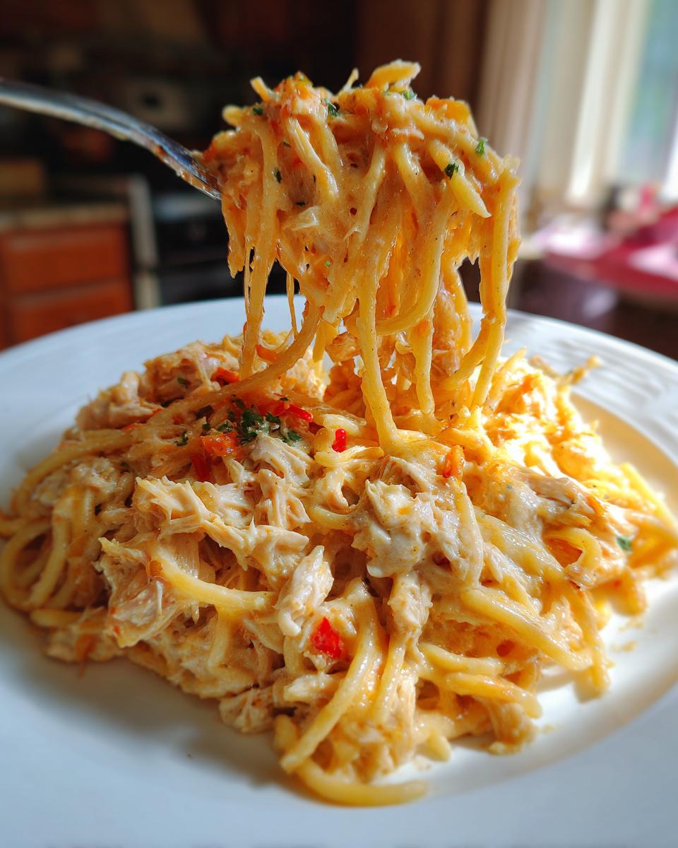 A fork lifts a generous portion of creamy chicken spaghetti, showing shredded chicken and pasta coated in sauce.