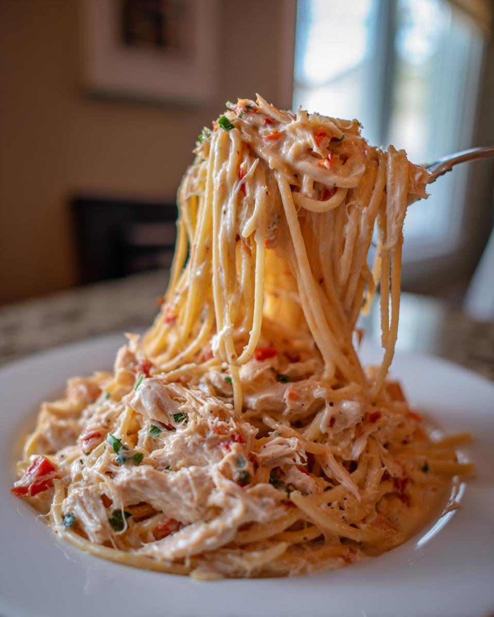 A fork lifts a generous portion of creamy chicken spaghetti, showing shredded chicken and sauce clinging to the noodles.