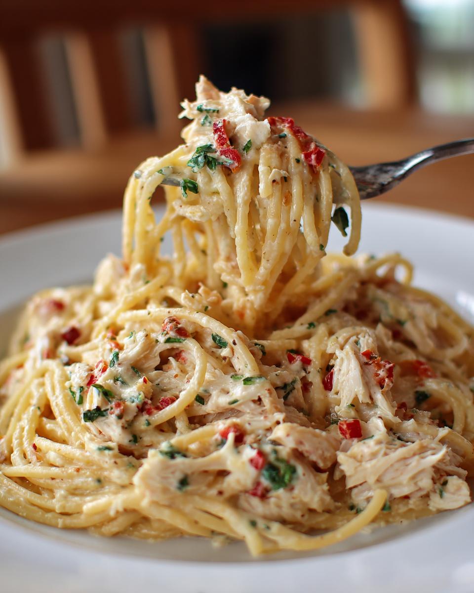 A fork lifting a generous portion of creamy chicken spaghetti, showing shredded chicken, red peppers, and parsley.