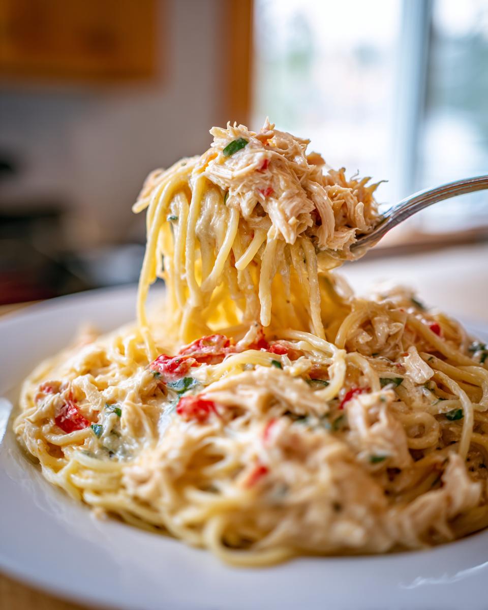 A fork lifting a large portion of creamy chicken spaghetti mixed with shredded chicken and red peppers from a white plate.