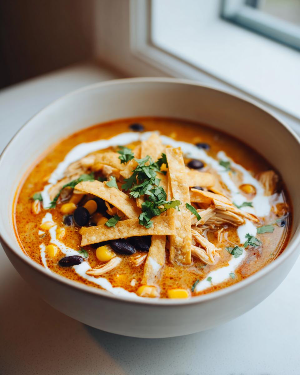 Close-up of a bowl of creamy chicken tortilla soup topped with tortilla strips, black beans, corn, and cilantro.