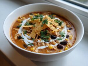 A close-up shot of a white bowl filled with creamy chicken tortilla soup, topped with sour cream, cilantro, and tortilla strips.