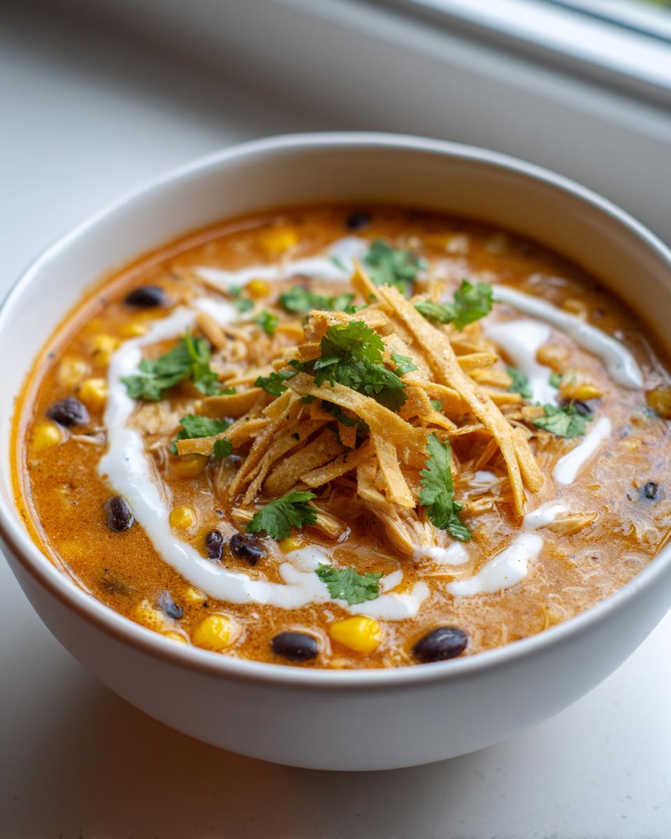 A close-up of creamy chicken tortilla soup garnished with tortilla strips, sour cream, and cilantro.