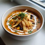 A close-up of a creamy bowl of chicken tortilla soup topped with tortilla strips, beans, and cilantro.