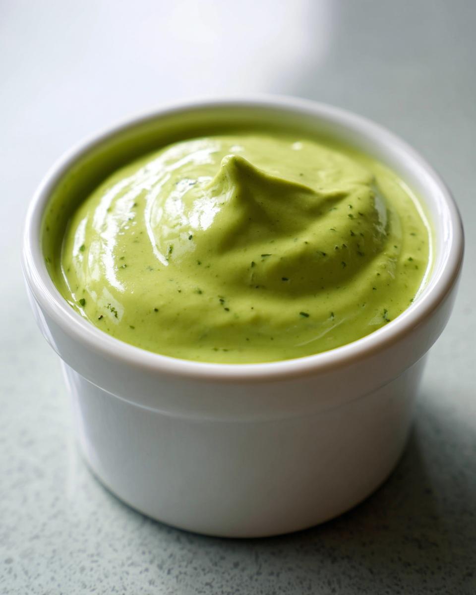 Close-up of thick, vibrant green cilantro lime sauce swirled in a small white dipping bowl.