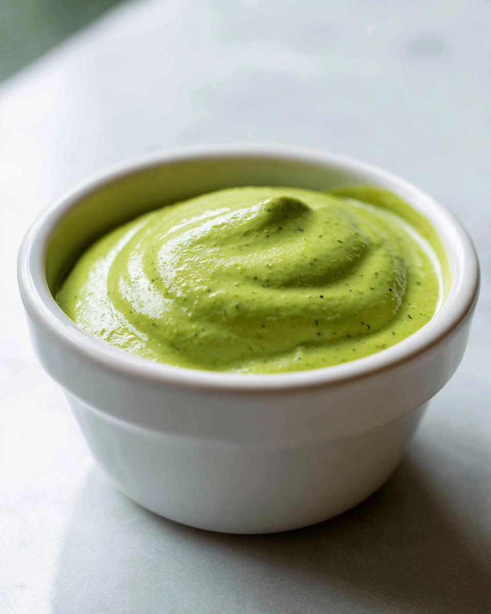 A close-up shot of thick, vibrant green cilantro lime sauce swirled in a small white dipping bowl.