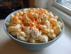 A light blue bowl filled with creamy deviled egg pasta salad, garnished generously with paprika.