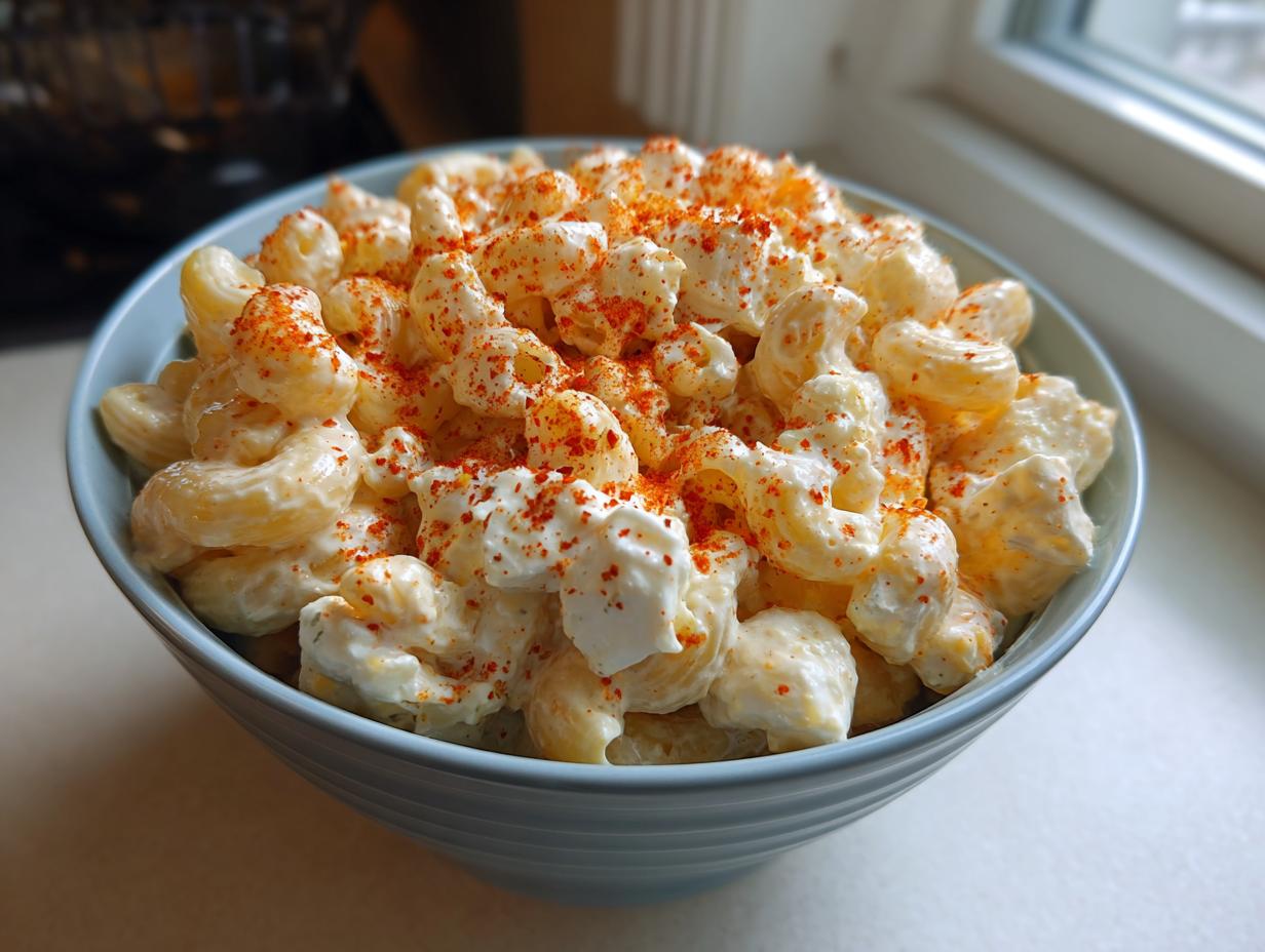 A light blue bowl filled with creamy deviled egg pasta salad, garnished generously with paprika.