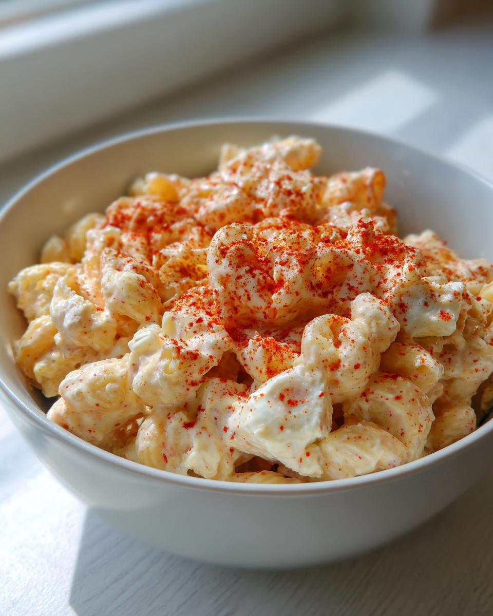 Close-up of creamy deviled egg pasta salad in a white bowl, topped generously with bright red paprika.