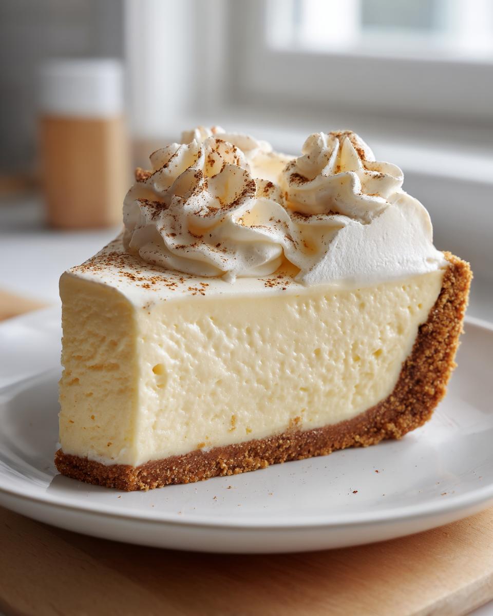 A tall slice of creamy eggnog pie with a graham cracker crust, topped with whipped cream and nutmeg.