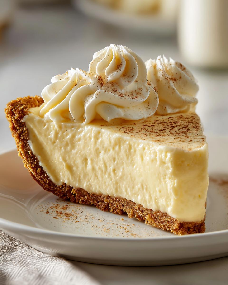 A perfect slice of creamy eggnog pie with a graham cracker crust, topped with whipped cream and nutmeg.