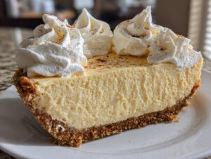 A close-up cross-section of a creamy eggnog pie slice topped with piped whipped cream and cinnamon.