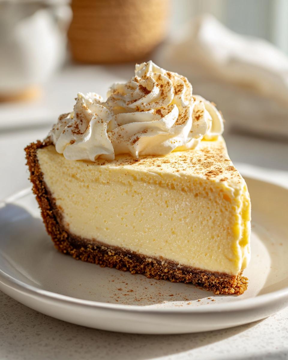 A perfect slice of creamy eggnog pie with a dark graham cracker crust, topped with whipped cream and cinnamon.