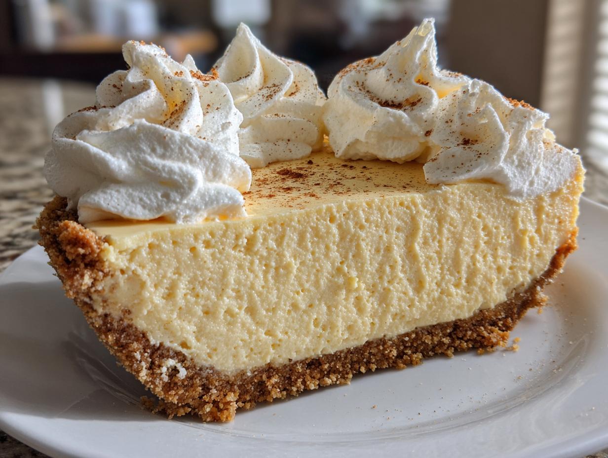 A close-up cross-section of a creamy eggnog pie slice topped with piped whipped cream and cinnamon.