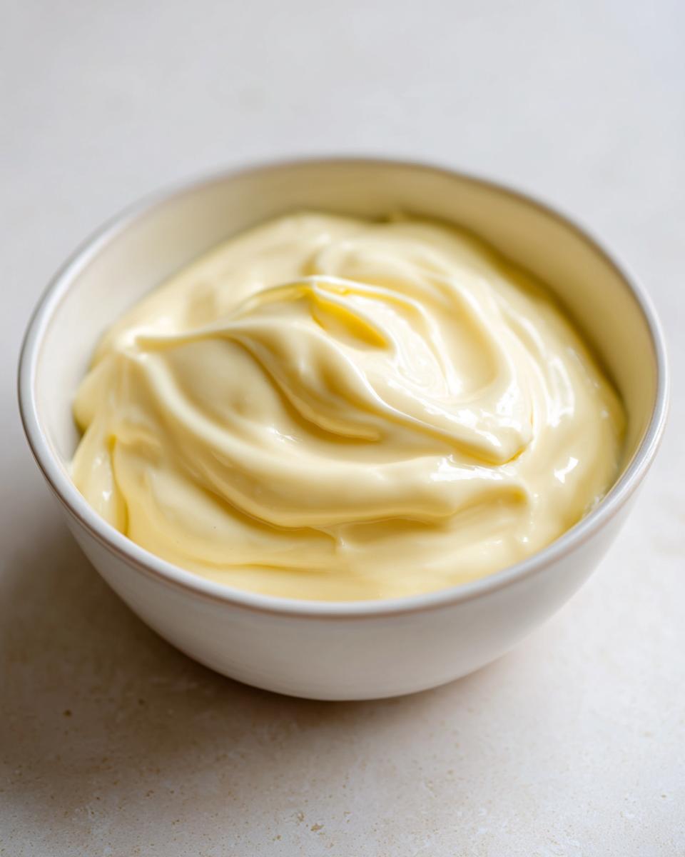 A close-up of thick, pale yellow, homemade garlic aioli recipe in a small white bowl.