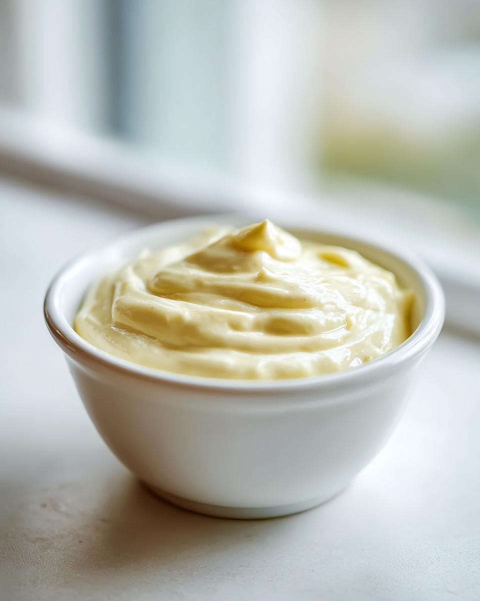 Close-up of creamy, pale yellow homemade garlic aioli recipe perfectly swirled in a small white dipping bowl.