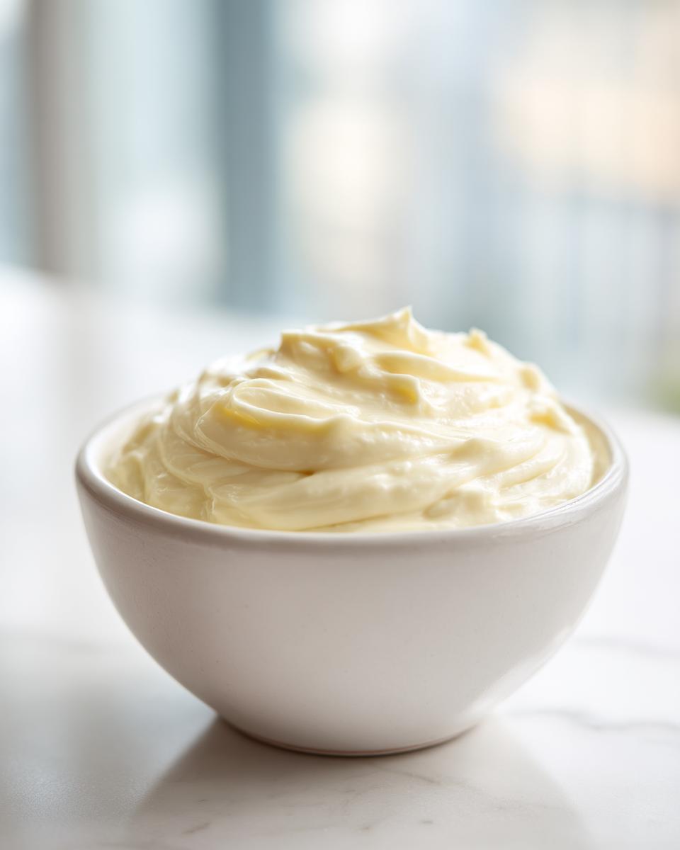 A close-up of thick, creamy homemade garlic aioli recipe served in a small white bowl.