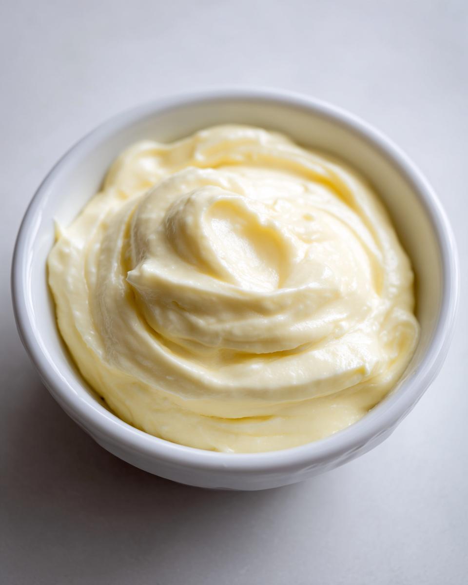 Close-up of thick, pale yellow homemade garlic aioli recipe swirled beautifully in a small white bowl.