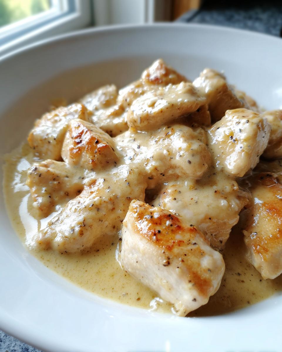 Close-up of pan-seared chicken pieces coated in a rich, creamy garlic sauce, ready to serve.