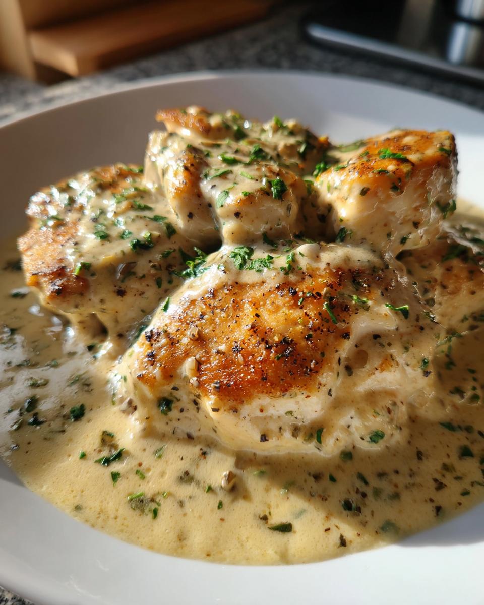 Golden-brown pan-seared chicken breasts smothered in a rich, creamy garlic chicken sauce and sprinkled with parsley.