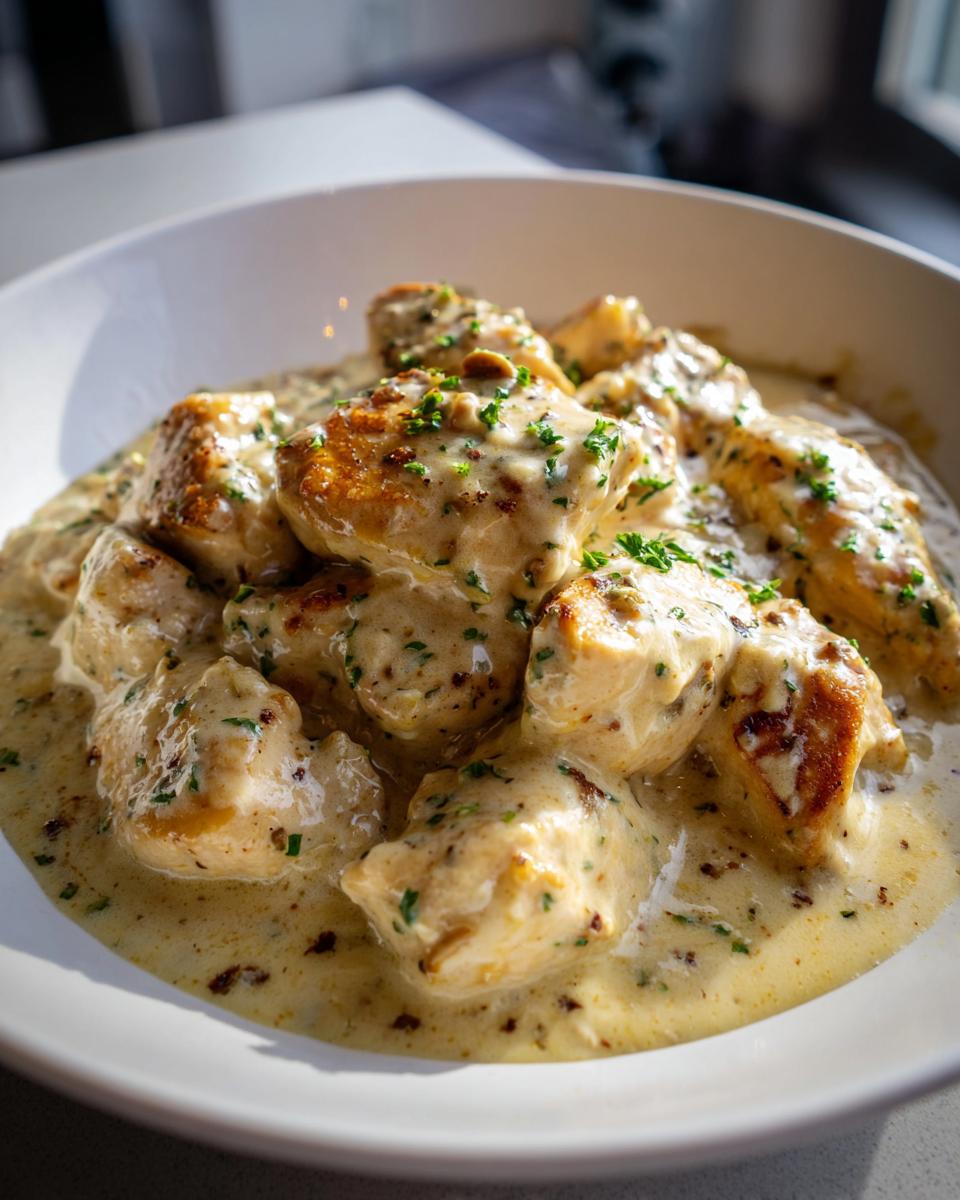Close-up of pan-seared chicken pieces generously coated in a rich, creamy garlic sauce and garnished with parsley.