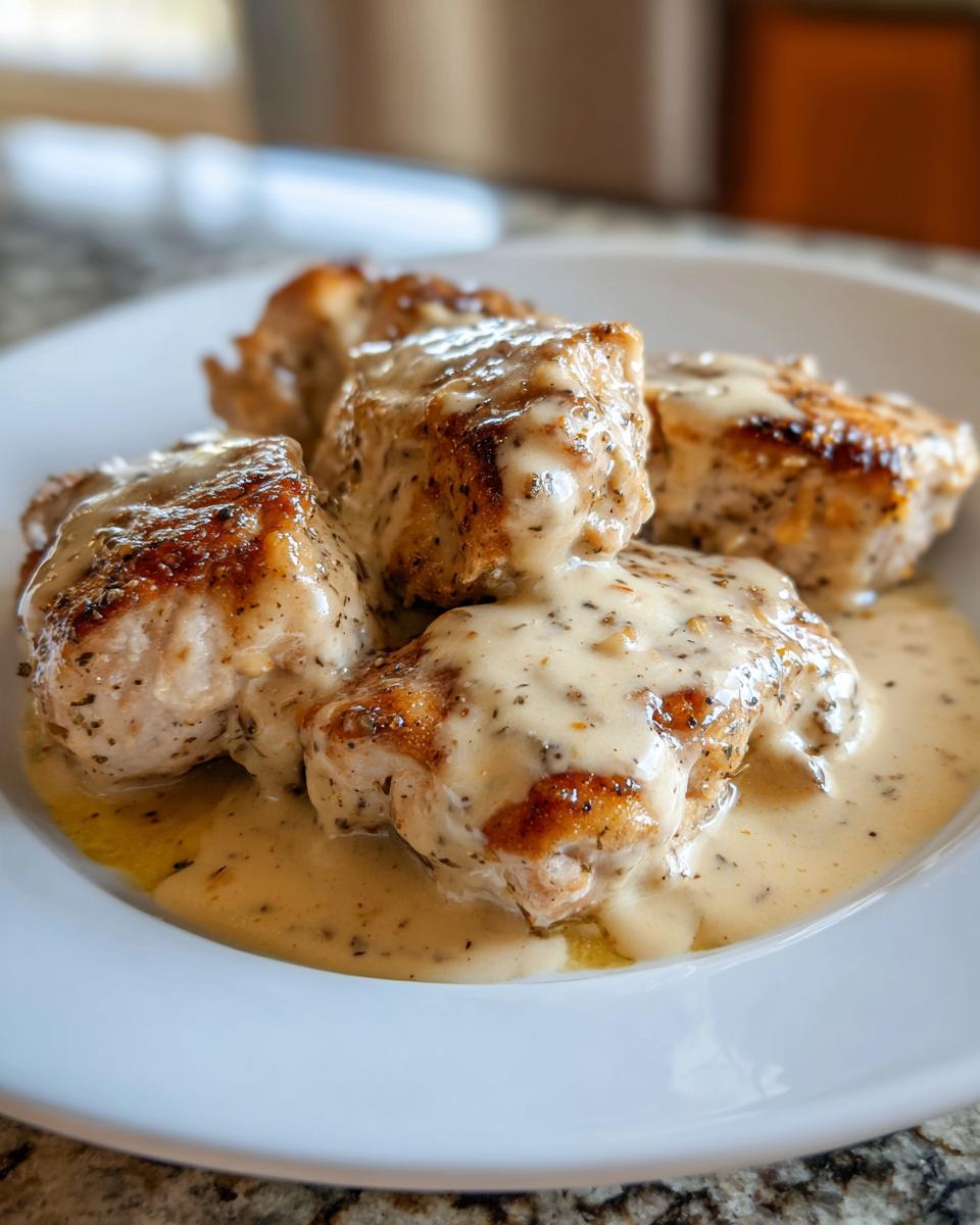 Close-up of seared chicken pieces smothered in a rich, creamy garlic sauce, showcasing the Amazing creamy garlic chicken recipe.