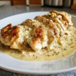 Close-up of sliced, pan-seared chicken breast smothered in a rich, creamy garlic chicken sauce with herbs.