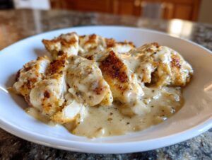 Slices of pan-seared chicken breast smothered in a rich, creamy garlic sauce, ready to eat.
