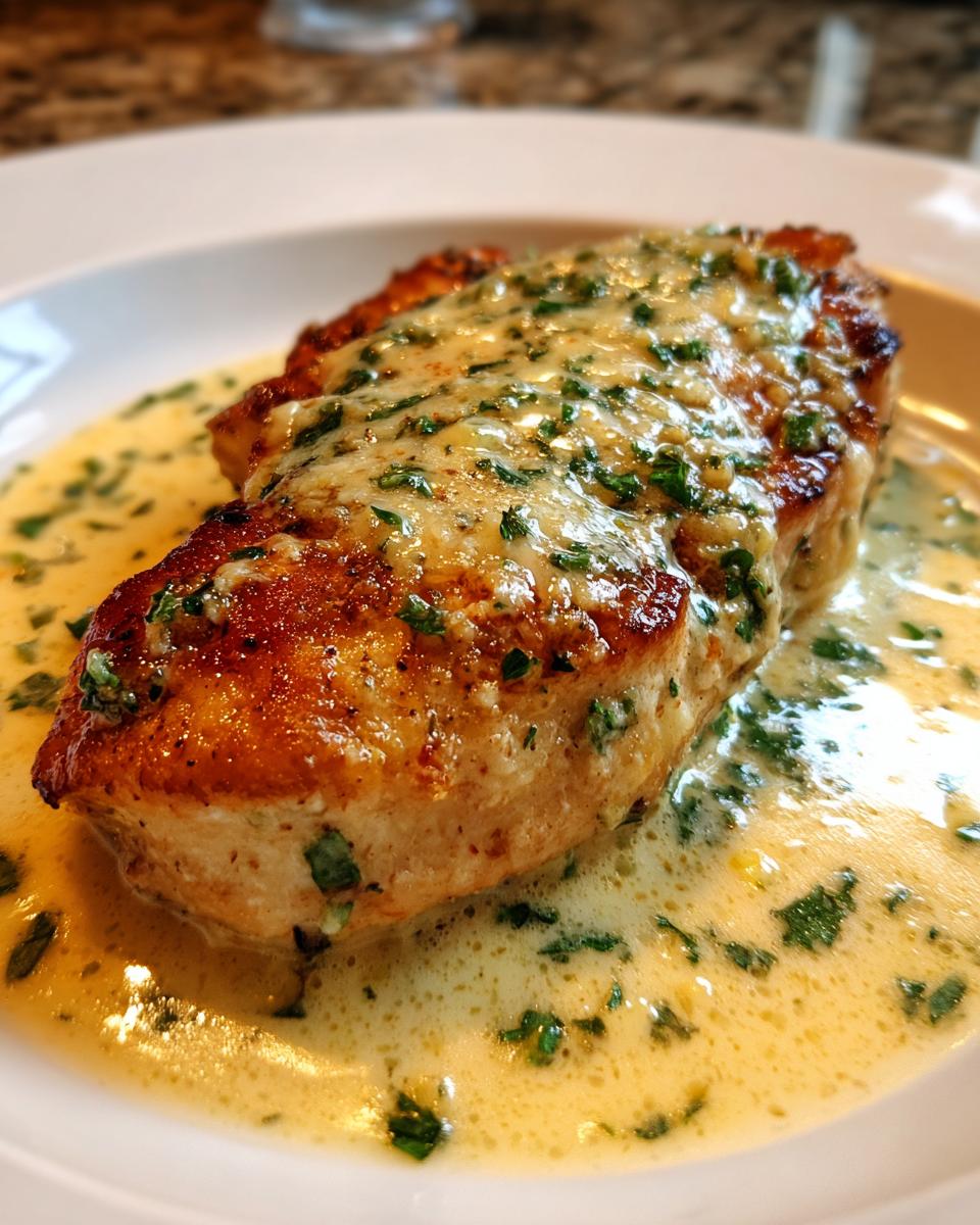 Close-up of a pan-seared chicken breast smothered in creamy lemon sauce and fresh parsley.