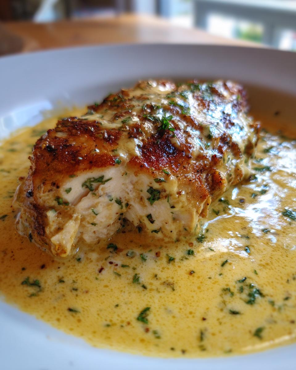 A perfectly cooked piece of creamy lemon chicken, cut open, resting in a rich, yellow sauce speckled with herbs.