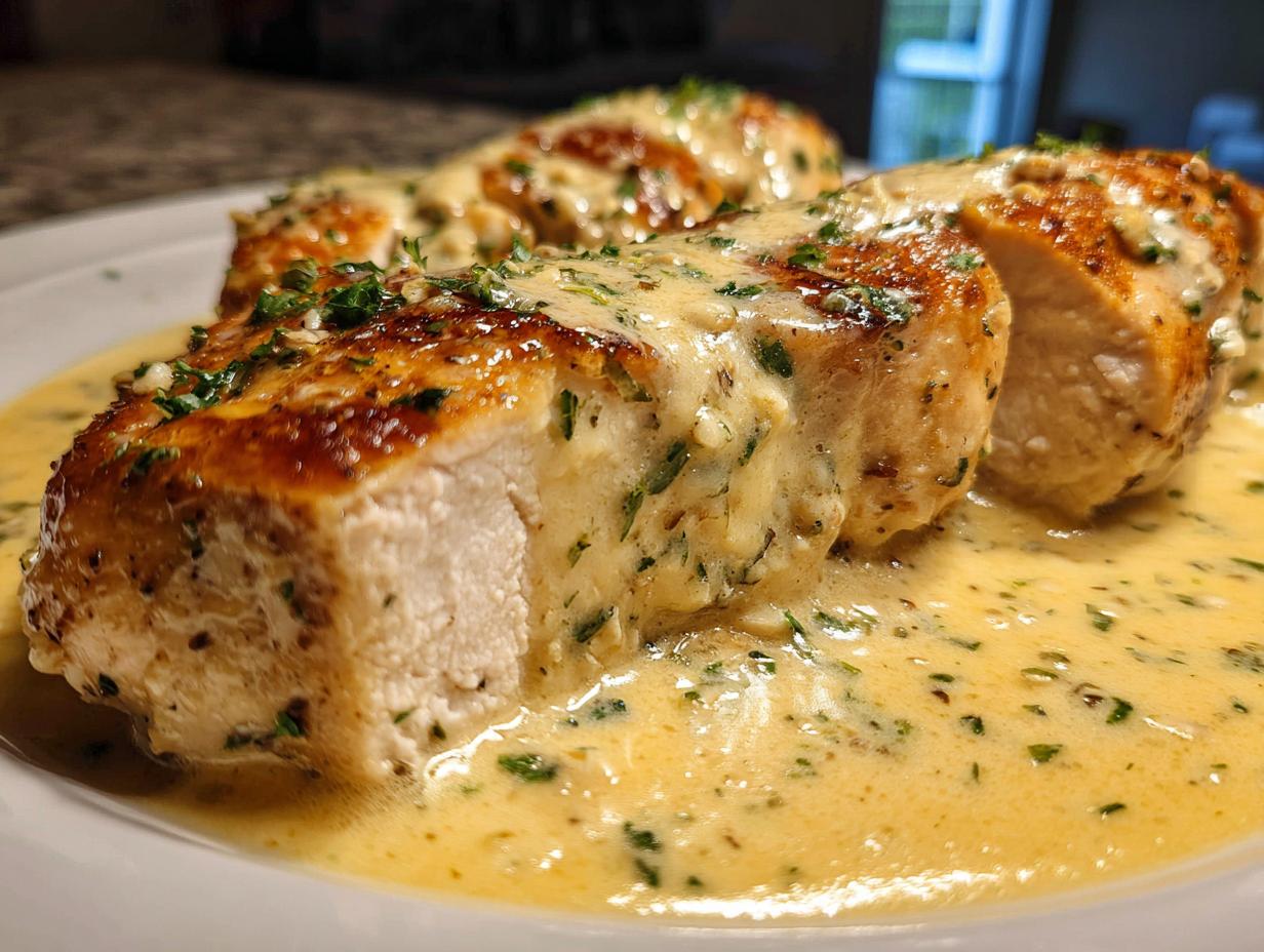 Close-up of seared chicken breast pieces smothered in a rich, creamy lemon chicken sauce, garnished with parsley.