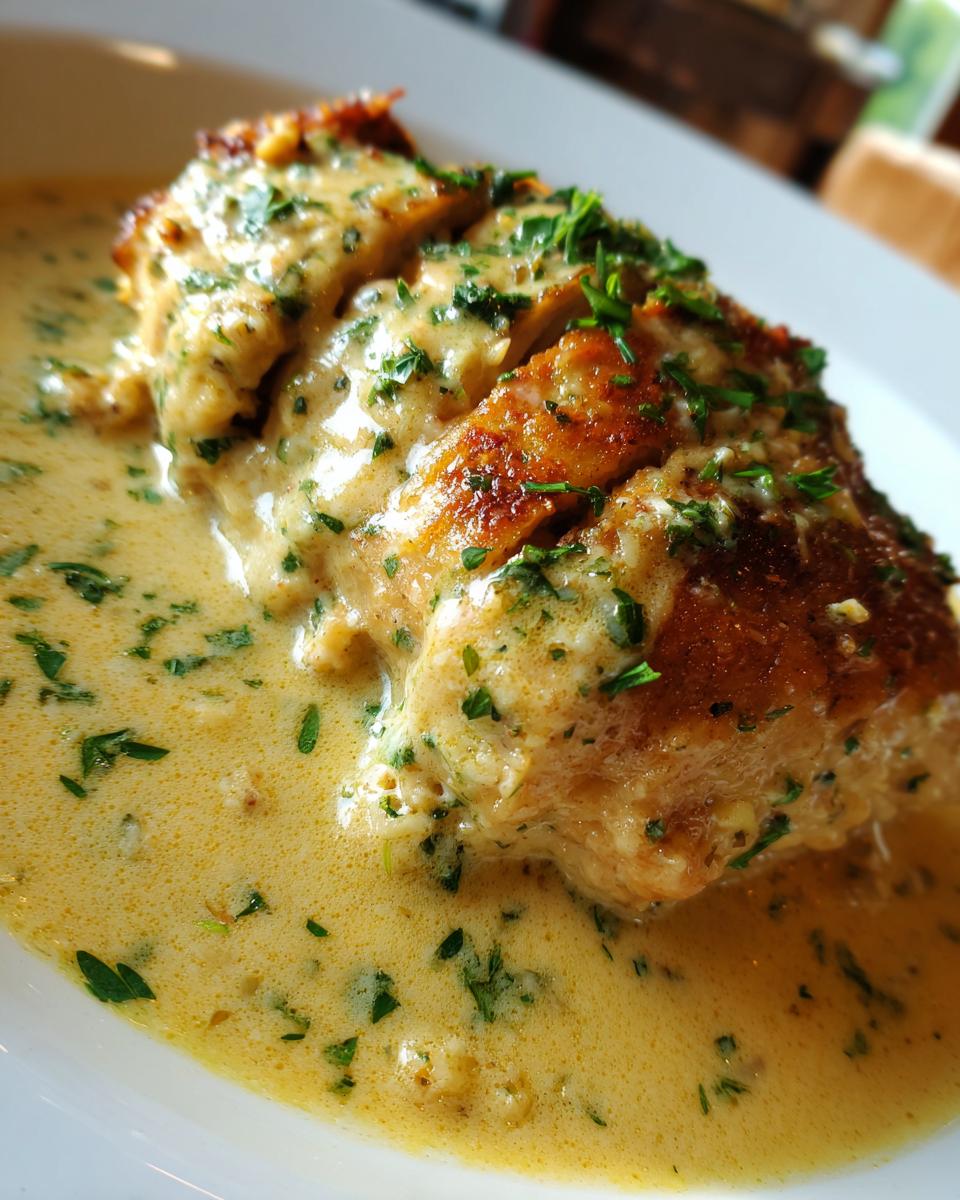 A close-up of sliced, pan-seared chicken breast smothered in a rich, creamy lemon sauce and topped with fresh parsley.