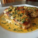 Two golden-brown chicken breasts smothered in a rich, creamy lemon chicken sauce speckled with fresh green herbs.