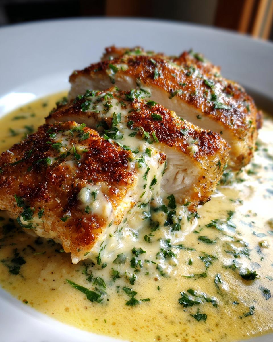 Close-up of sliced, pan-seared creamy lemon chicken breasts covered in a rich, yellow sauce dotted with fresh parsley.