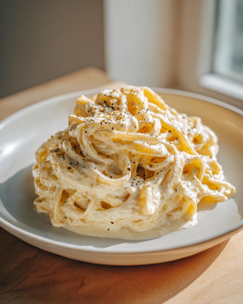 A mound of fettuccine pasta generously coated in creamy cottage cheese alfredo sauce and topped with black pepper.