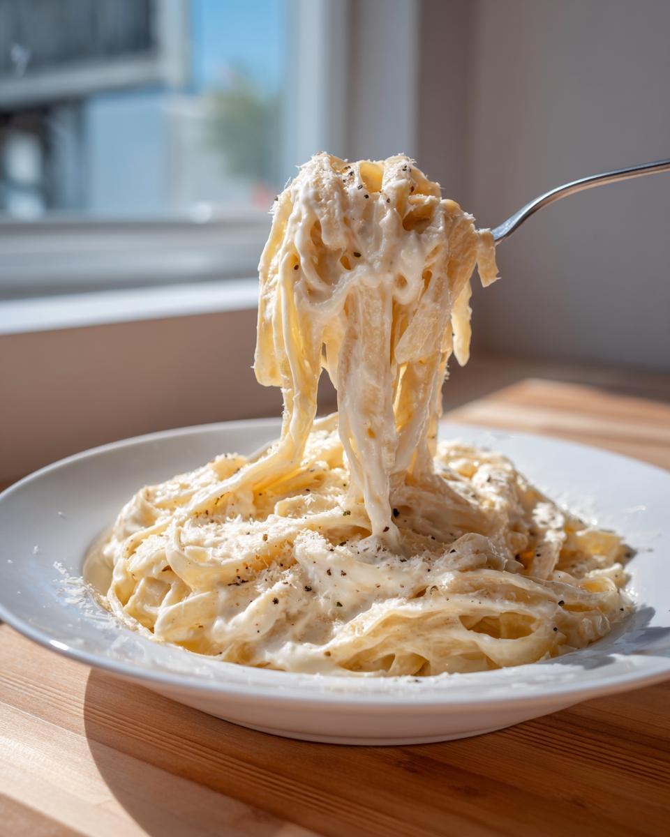 A fork lifts fettuccine noodles coated in thick cottage cheese alfredo sauce from a white bowl.