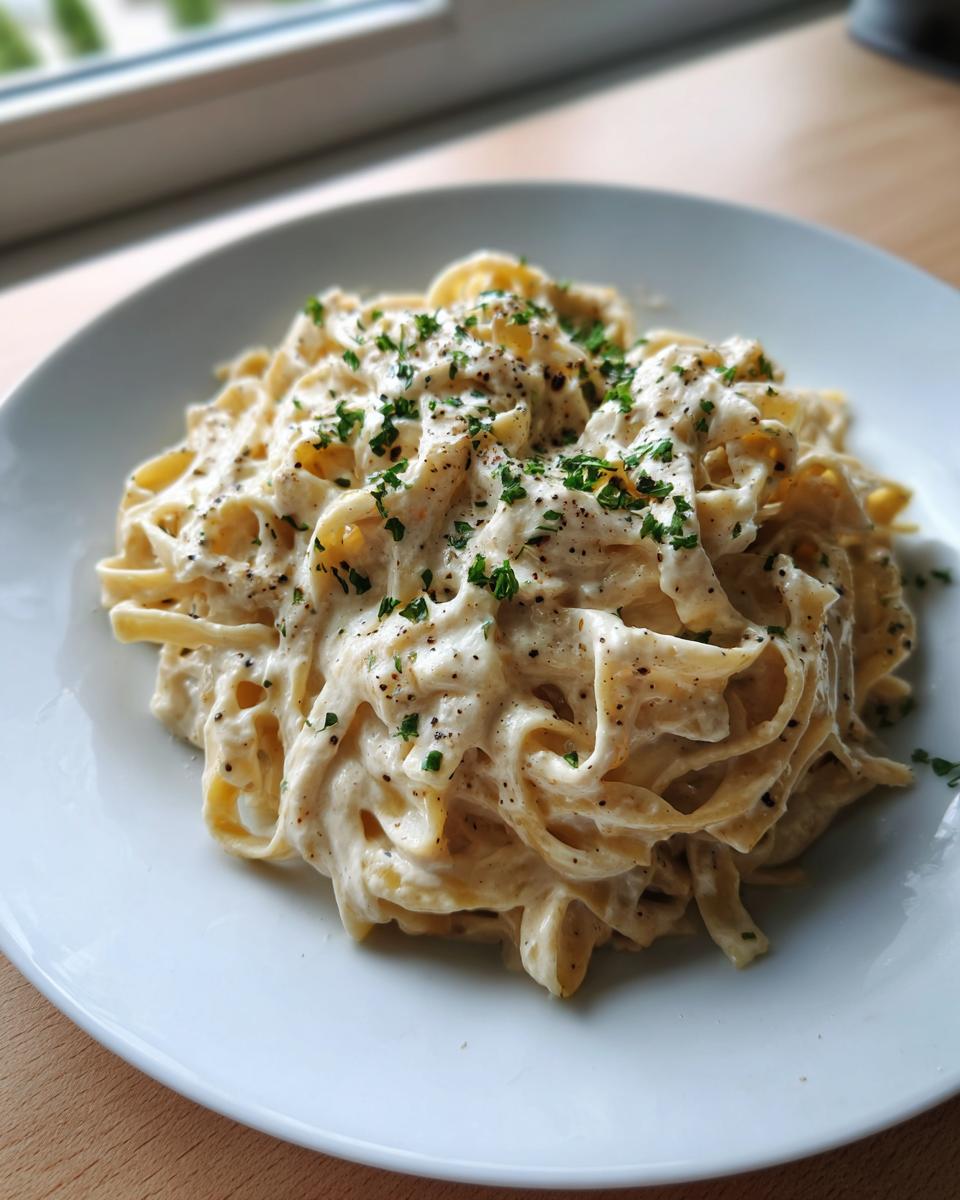 A plate of fettuccine pasta generously coated in creamy cottage cheese alfredo sauce and topped with black pepper and parsley.