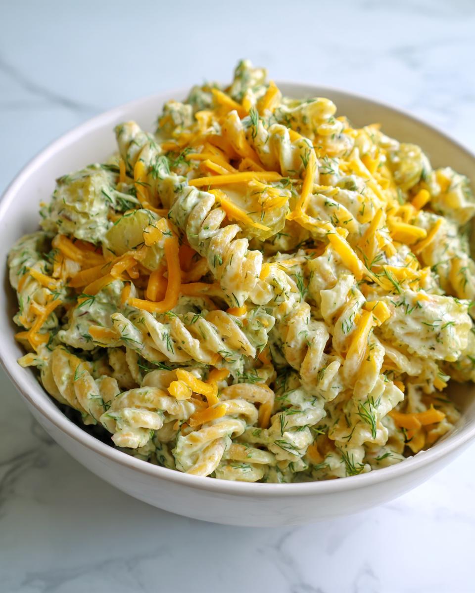 Close-up of creamy pickle pasta salad made with rotini pasta, dill, and topped with shredded cheddar cheese.