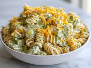 Close-up of creamy pickle pasta salad featuring rotini pasta, dill, and topped with shredded cheddar cheese.