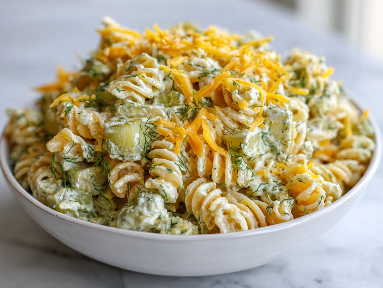 Close-up of creamy pickle pasta salad featuring rotini pasta, dill, and topped with shredded cheddar cheese.