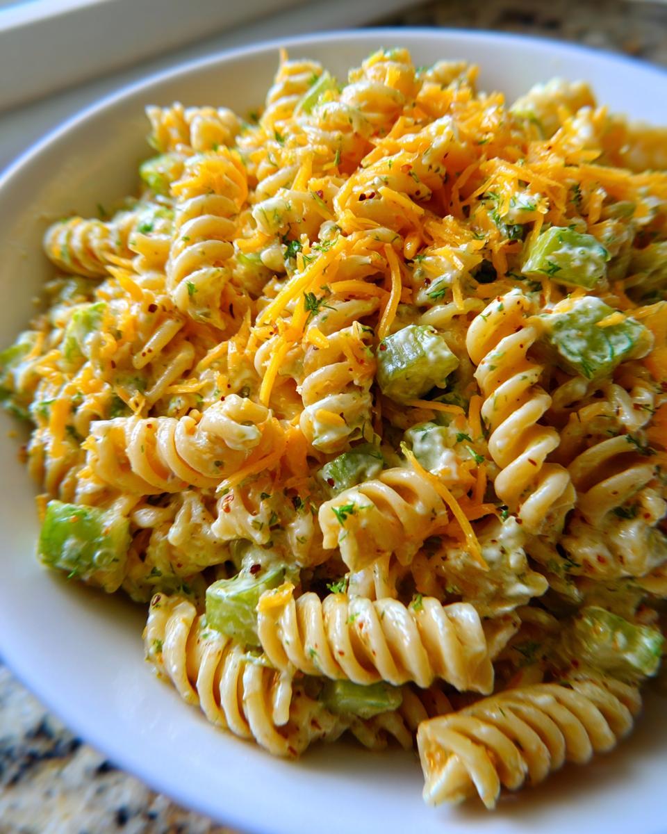 Close-up of creamy pickle pasta salad made with rotini pasta, celery, and topped with shredded cheddar cheese.