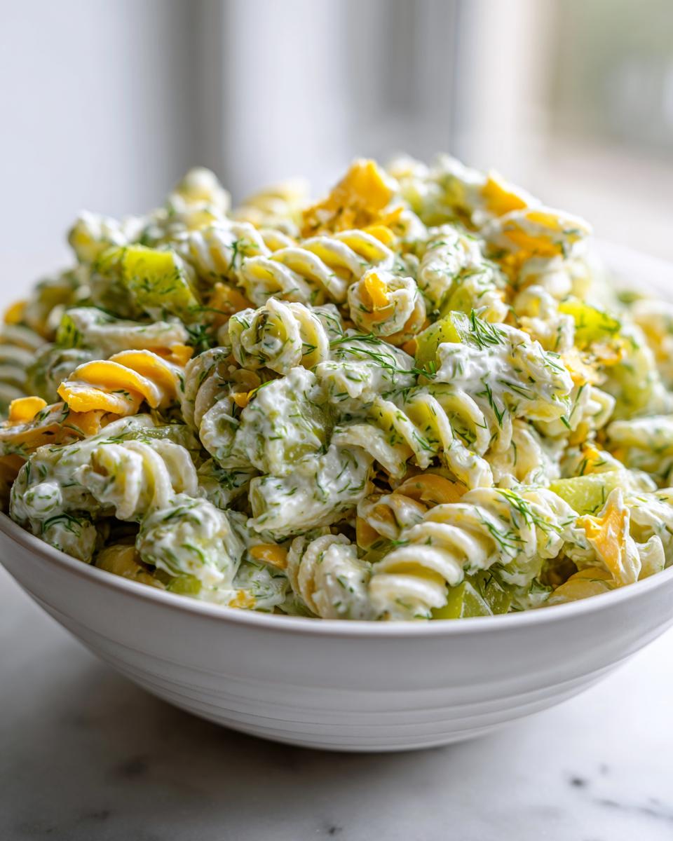 Close-up of a creamy pickle pasta salad featuring rotini pasta, green pickle pieces, and fresh dill, served in a white bowl.