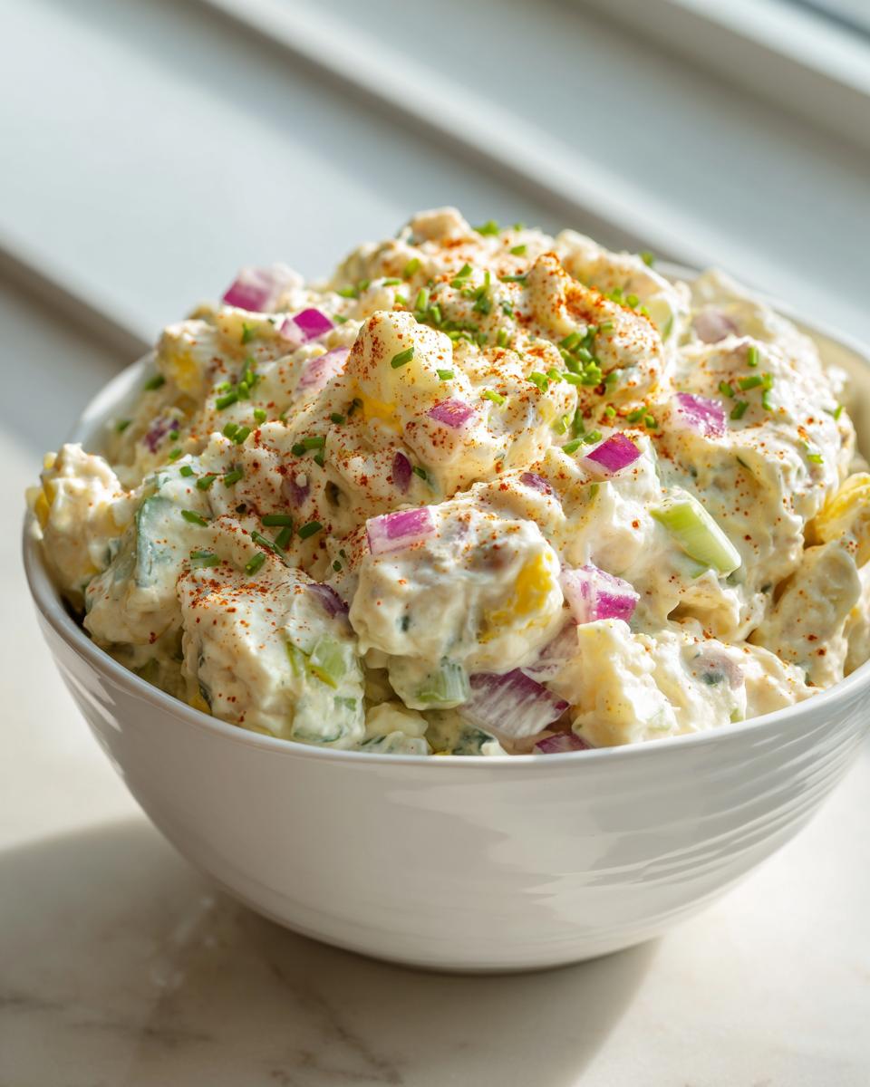 A close-up of creamy potato salad mixed with red onion and celery, topped with paprika and chives.