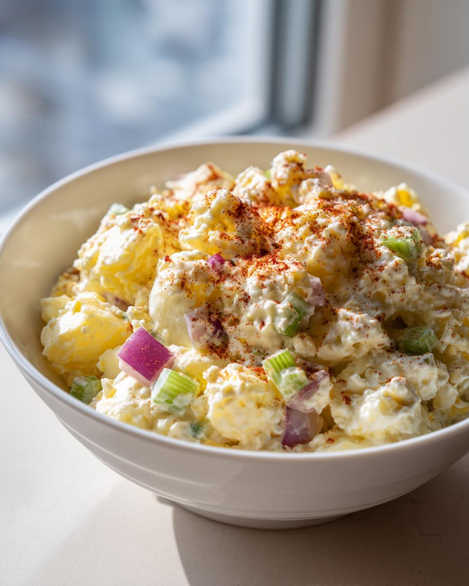 Close-up of creamy potato salad mixed with red onion and celery, topped generously with paprika.